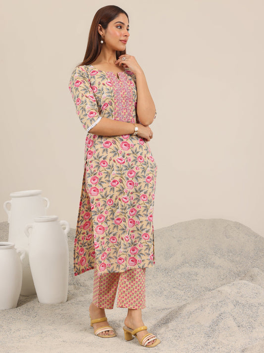 Beige Printed Cotton Straight Kurta Set