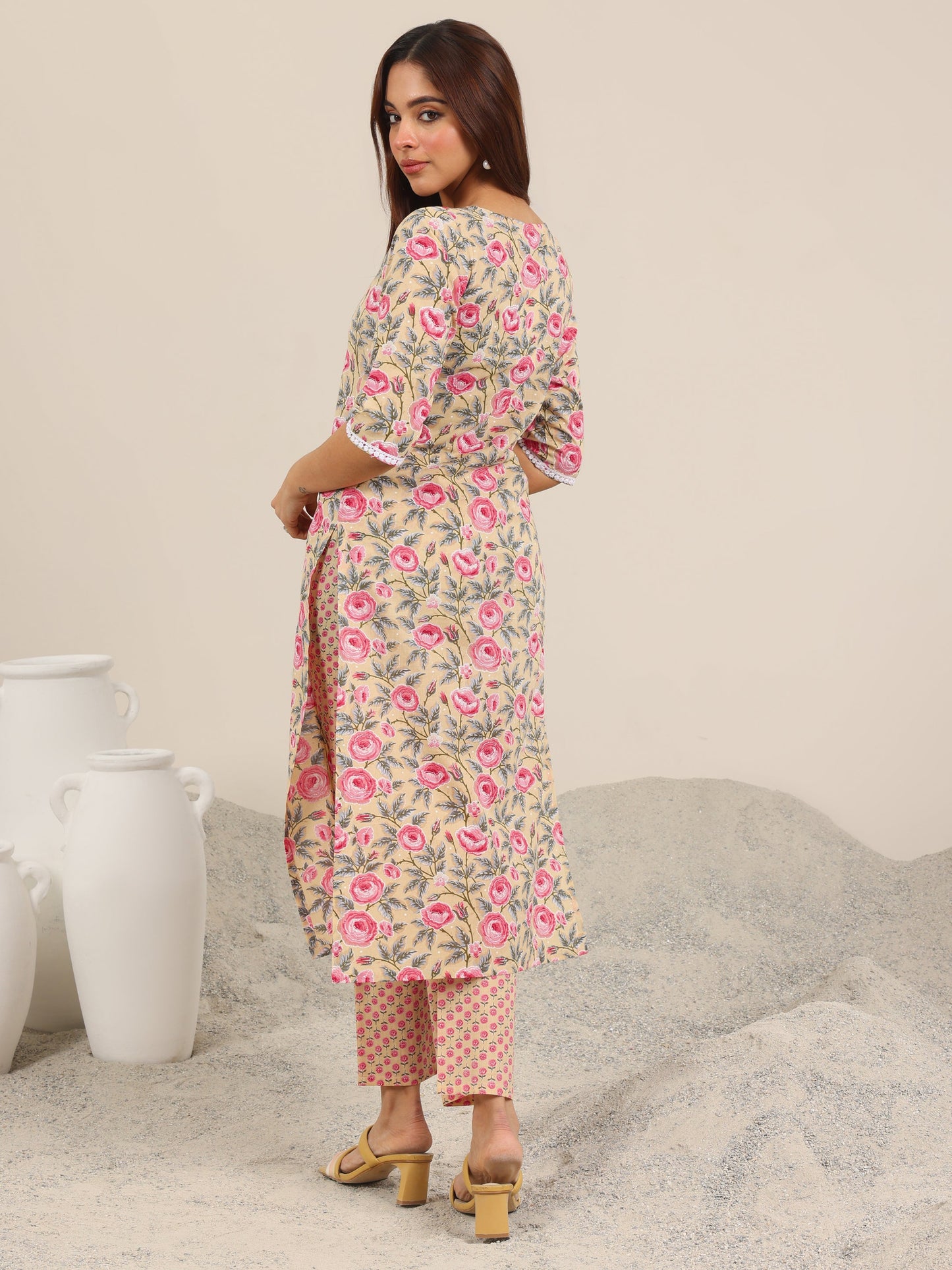 Beige Printed Cotton Straight Kurta Set