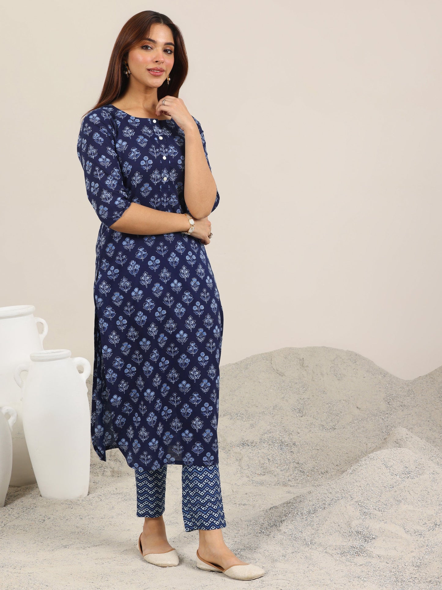 Blue Printed Cotton Straight Kurta Set
