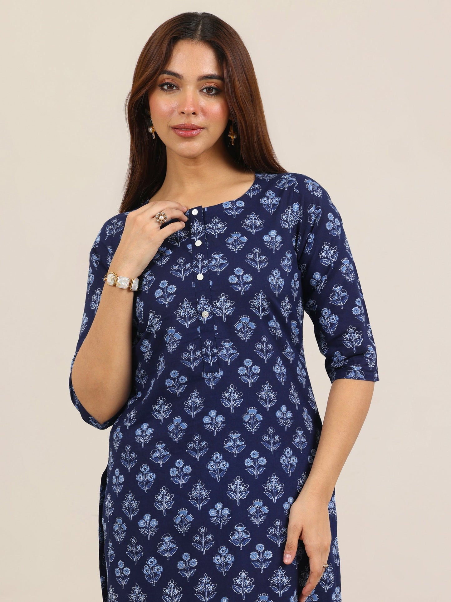 Blue Printed Cotton Straight Kurta Set