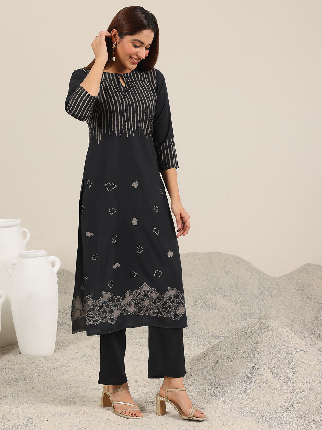 Black Printed Silk Blend Straight Suit Set WIth Dupatta