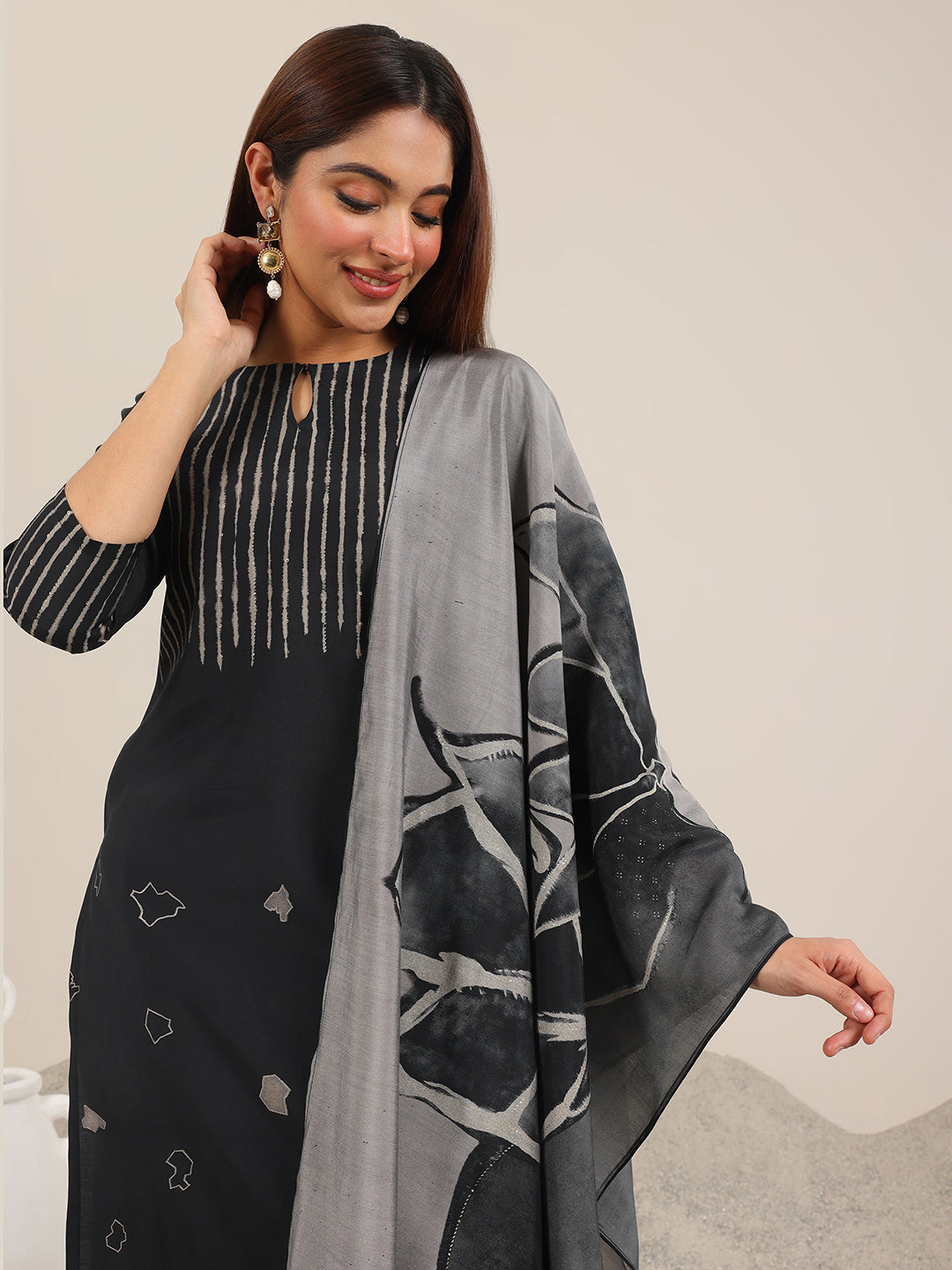 Black Printed Silk Blend Straight Suit Set WIth Dupatta