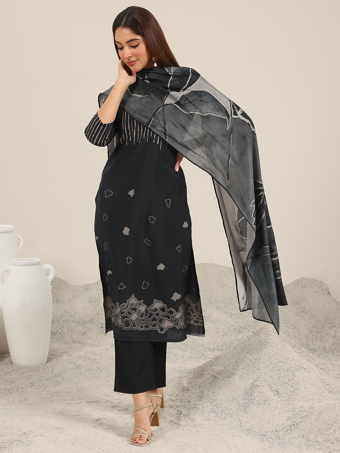 Black Printed Silk Blend Straight Suit Set WIth Dupatta