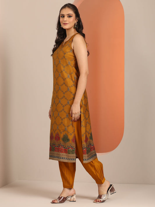 Mustard Printed Silk Blend Straight Suit Set WIth Dupatta