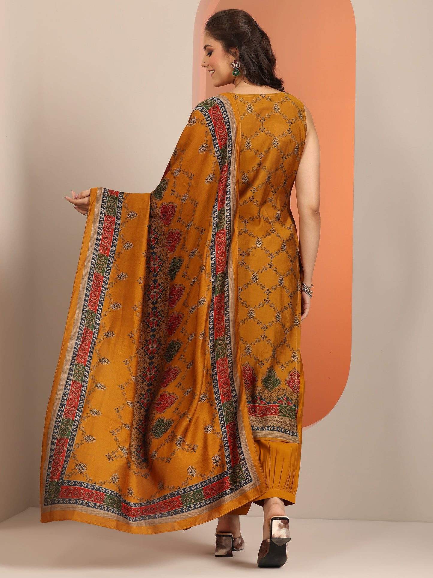 Mustard Printed Silk Blend Straight Suit Set WIth Dupatta