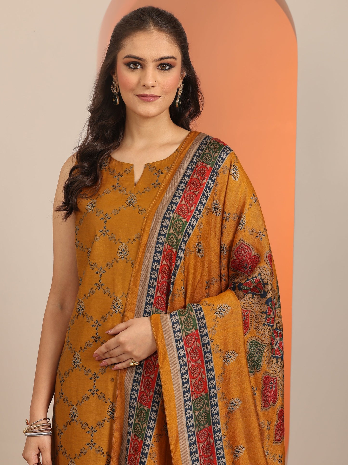 Mustard Printed Silk Blend Straight Suit Set WIth Dupatta