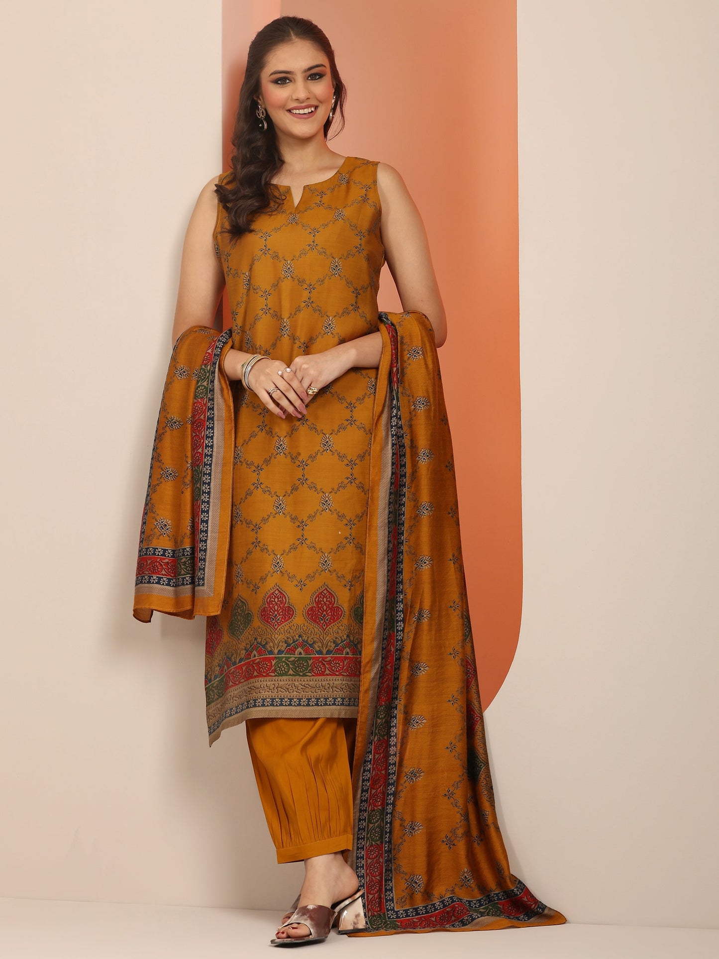 Mustard Printed Silk Blend Straight Suit Set WIth Dupatta