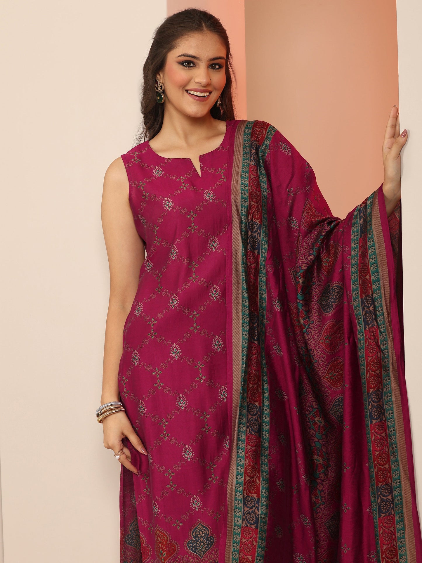 Magenta Printed Silk Blend Straight Suit Set WIth Dupatta
