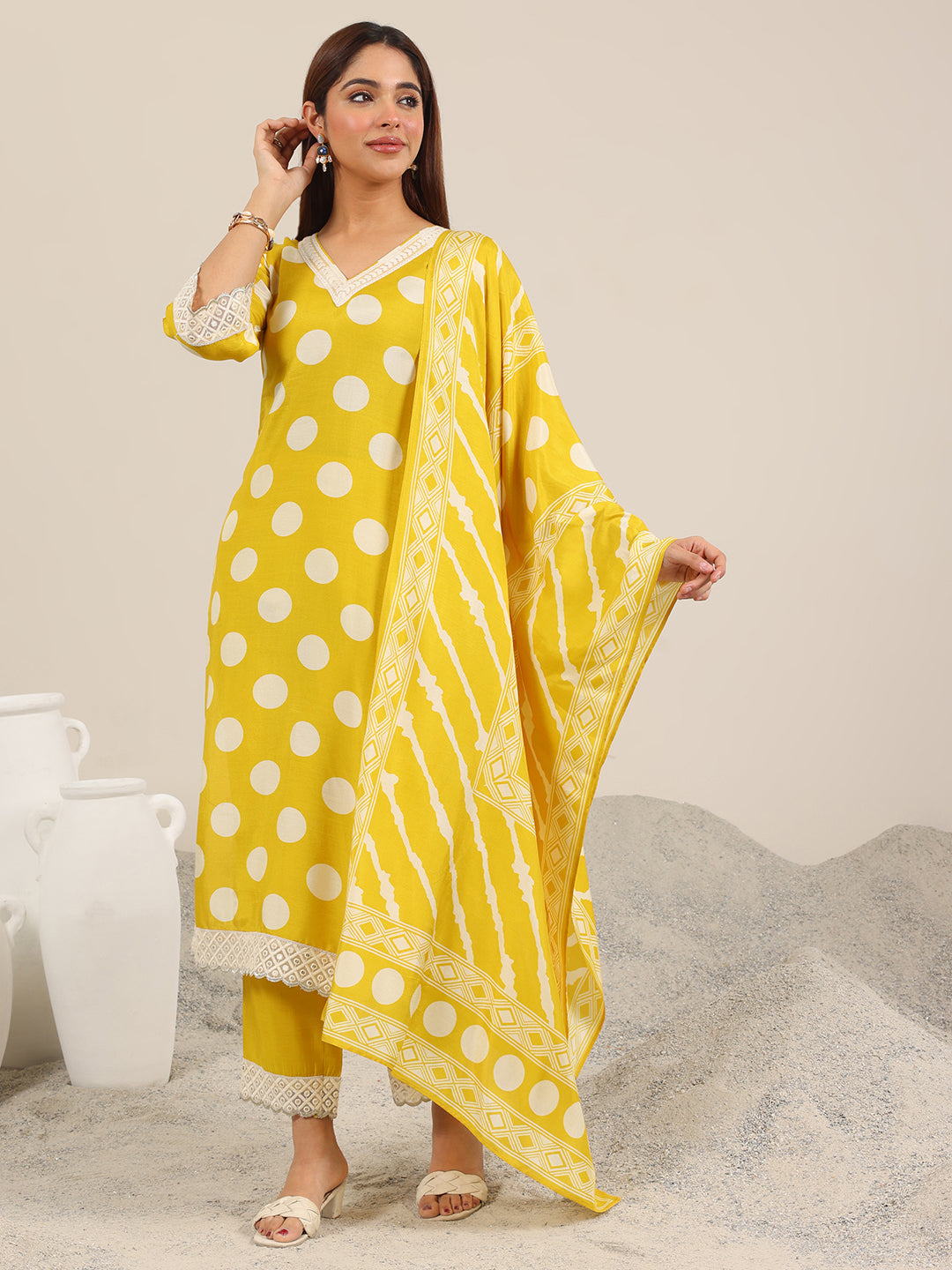 Yellow Printed Silk Blend Straight Suit Set WIth Dupatta