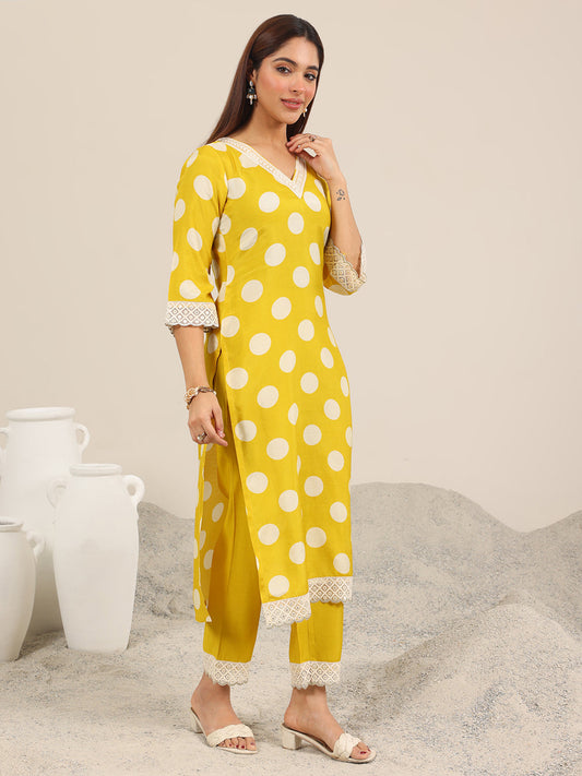 Yellow Printed Silk Blend Straight Suit Set WIth Dupatta