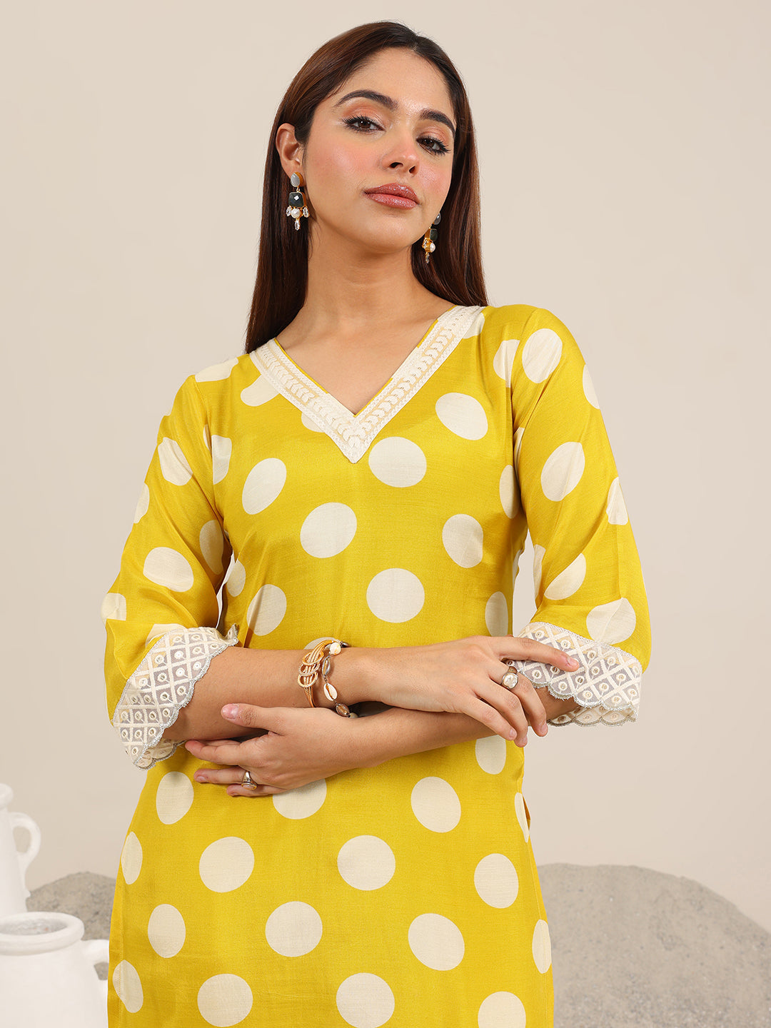 Yellow Printed Silk Blend Straight Suit Set WIth Dupatta