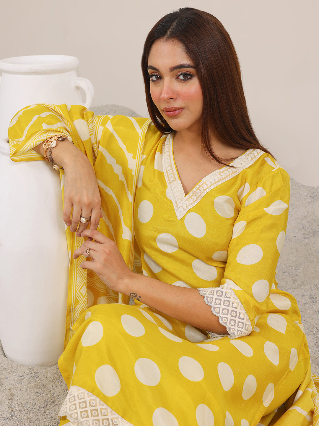 Yellow Printed Silk Blend Straight Suit Set WIth Dupatta