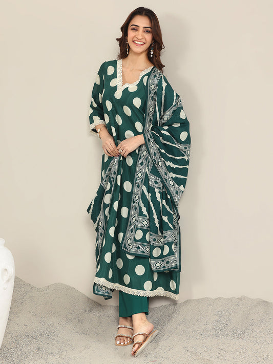 Green Printed Silk Blend A-Line Suit WIth Dupatta