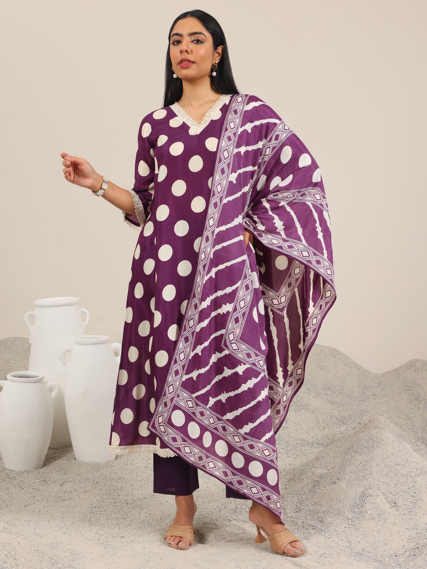 Purple Printed Silk Blend A-Line Suit Set WIth Dupatta