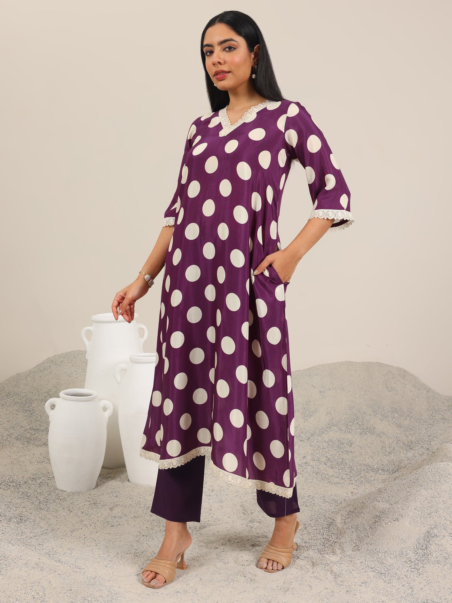 Purple Printed Silk Blend A-Line Suit Set WIth Dupatta