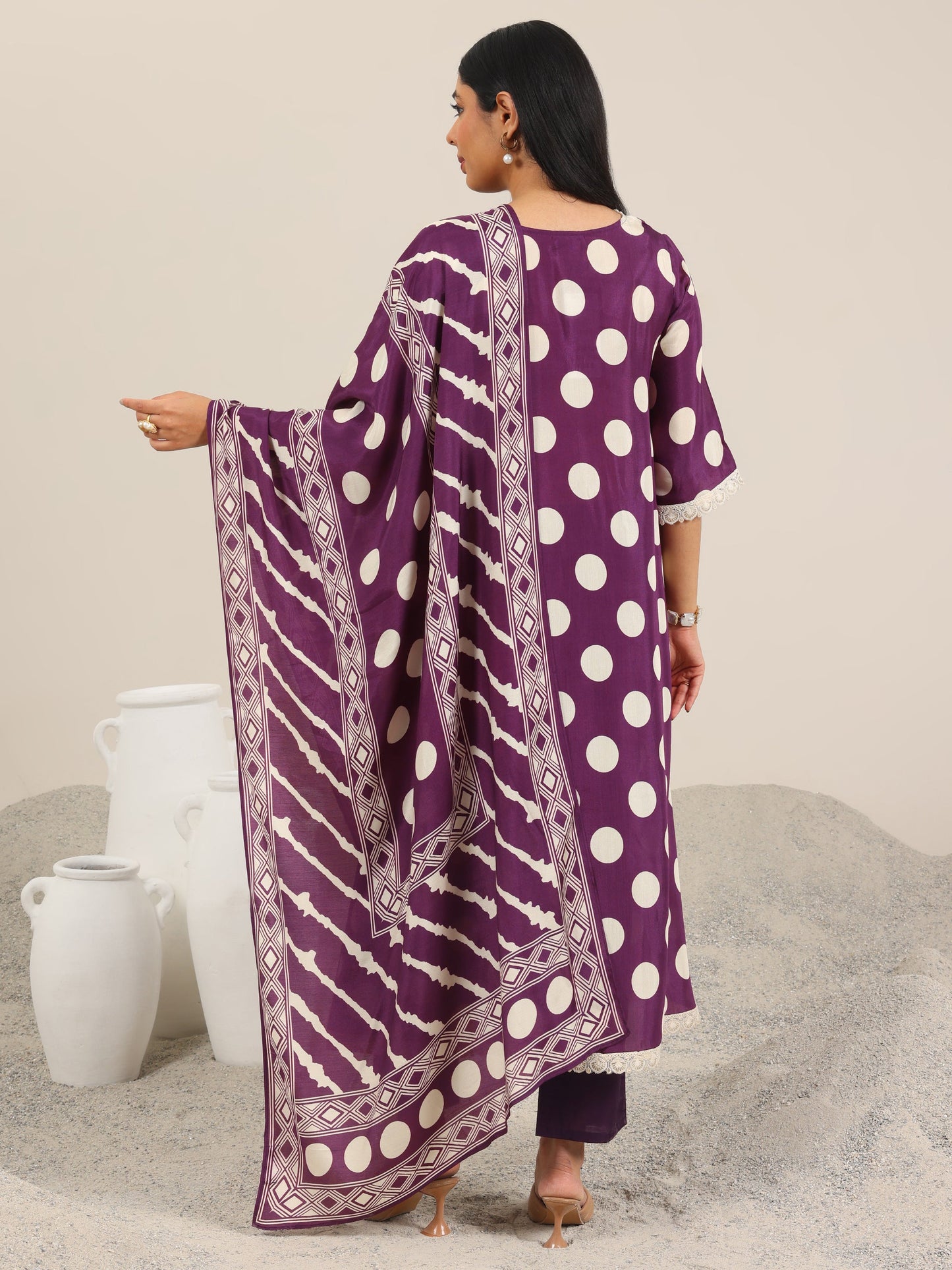 Purple Printed Silk Blend A-Line Suit Set WIth Dupatta