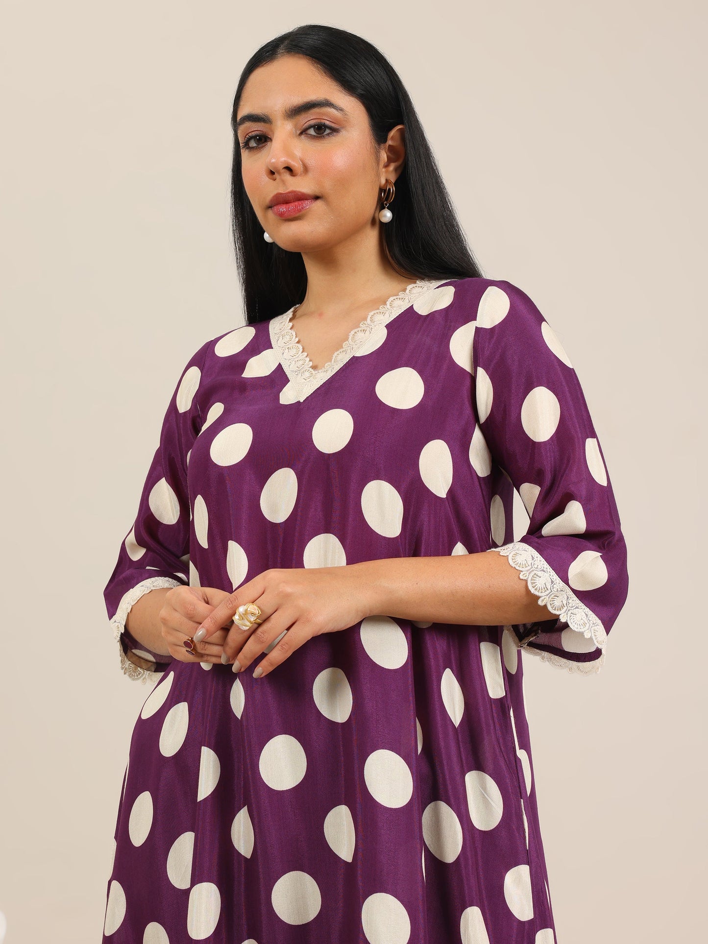 Purple Printed Silk Blend A-Line Suit Set WIth Dupatta