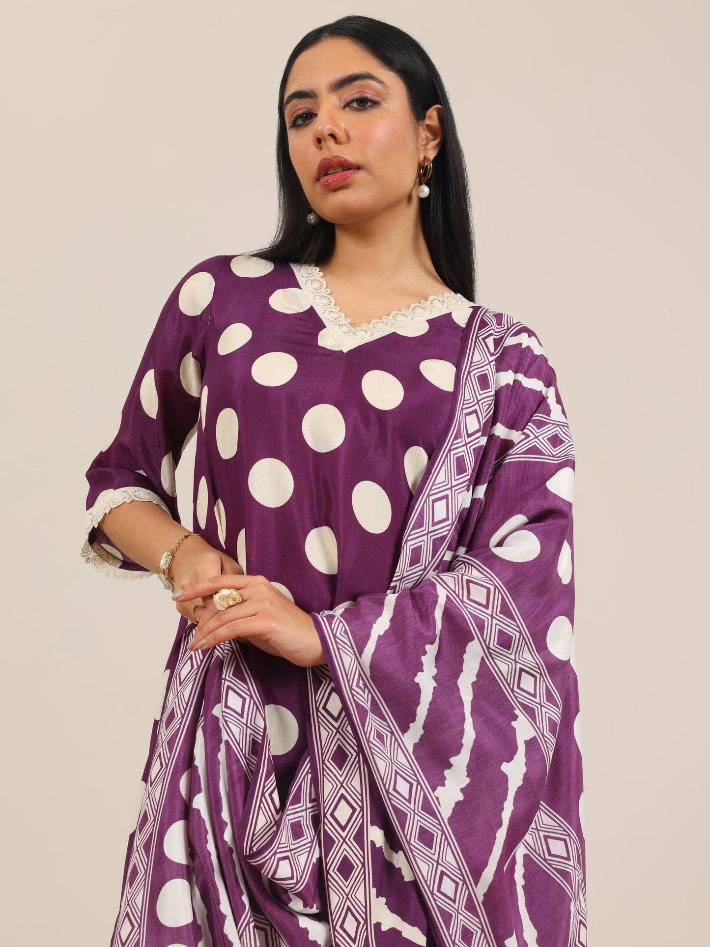 Purple Printed Silk Blend A-Line Suit Set WIth Dupatta