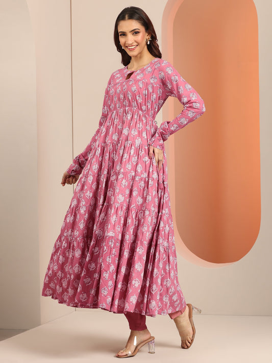 Mauve Printed Cotton Anarkali Suit Set With Dupatta