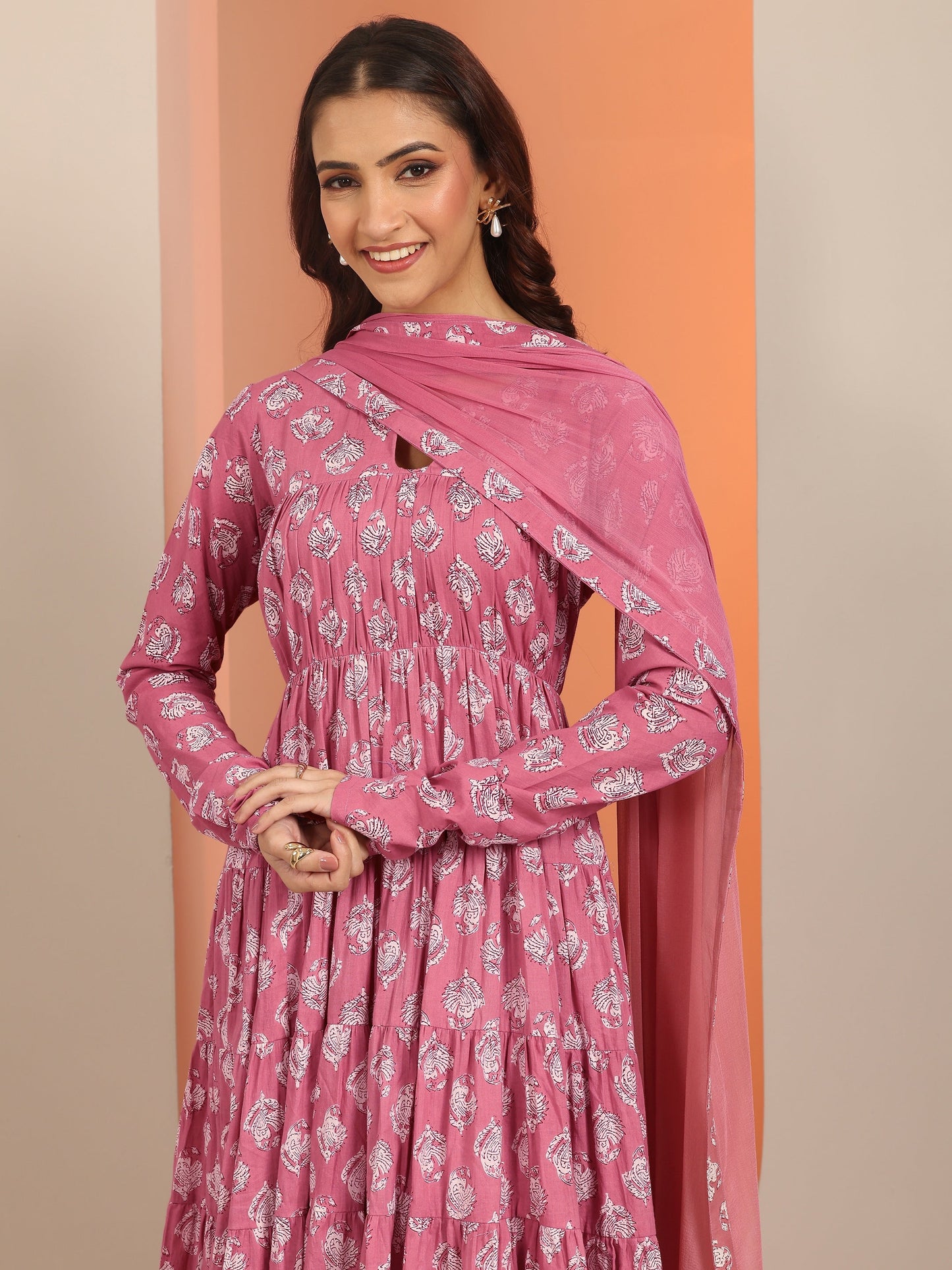 Mauve Printed Cotton Anarkali Suit Set With Dupatta