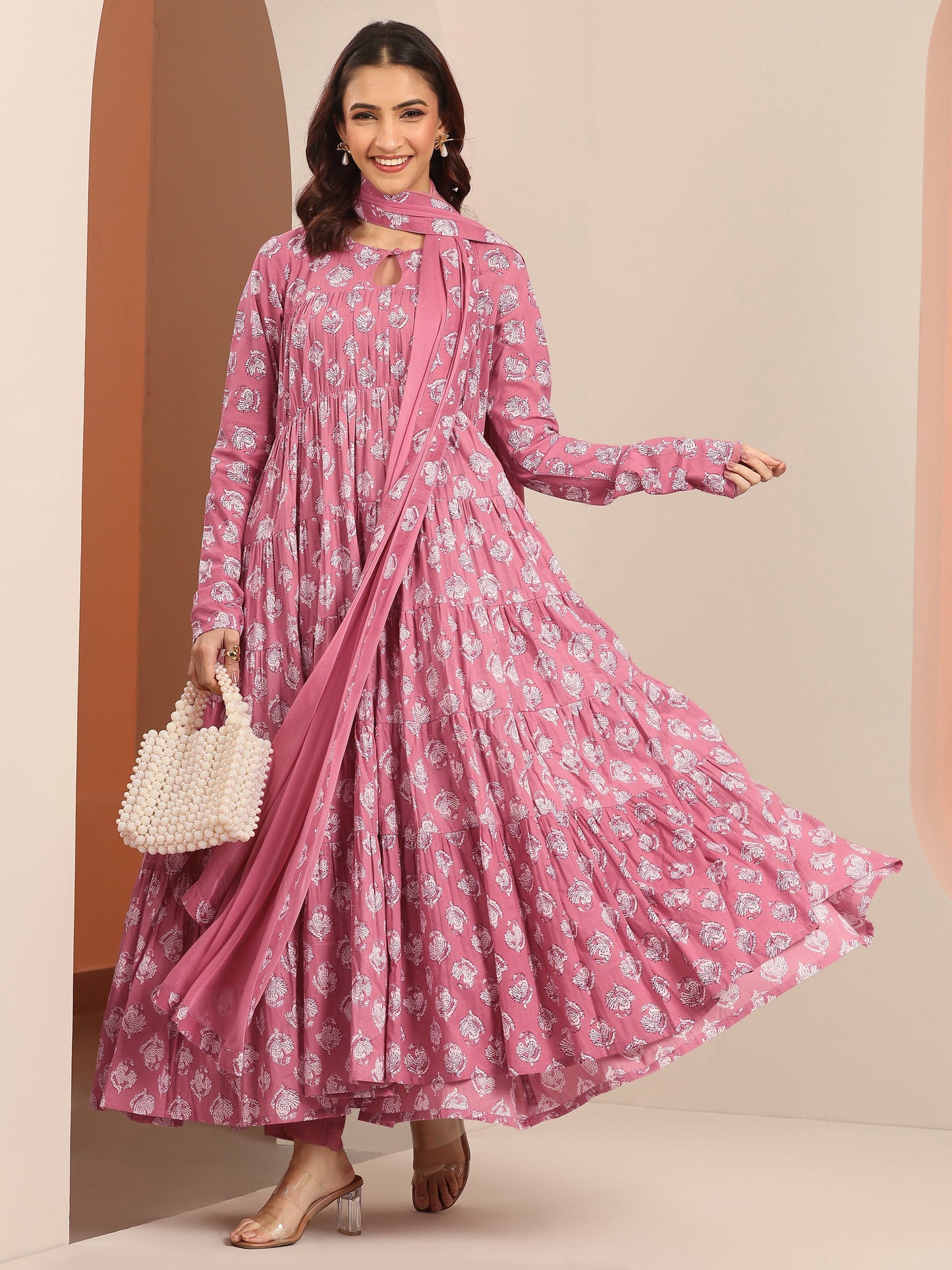 Mauve Printed Cotton Anarkali Suit Set With Dupatta