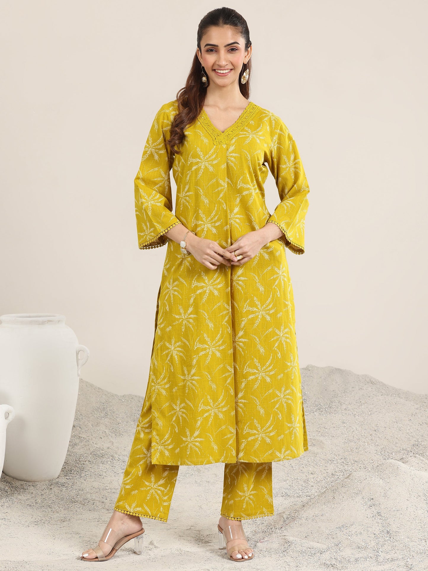 Yellow Printed Cotton Straight Kurta Set