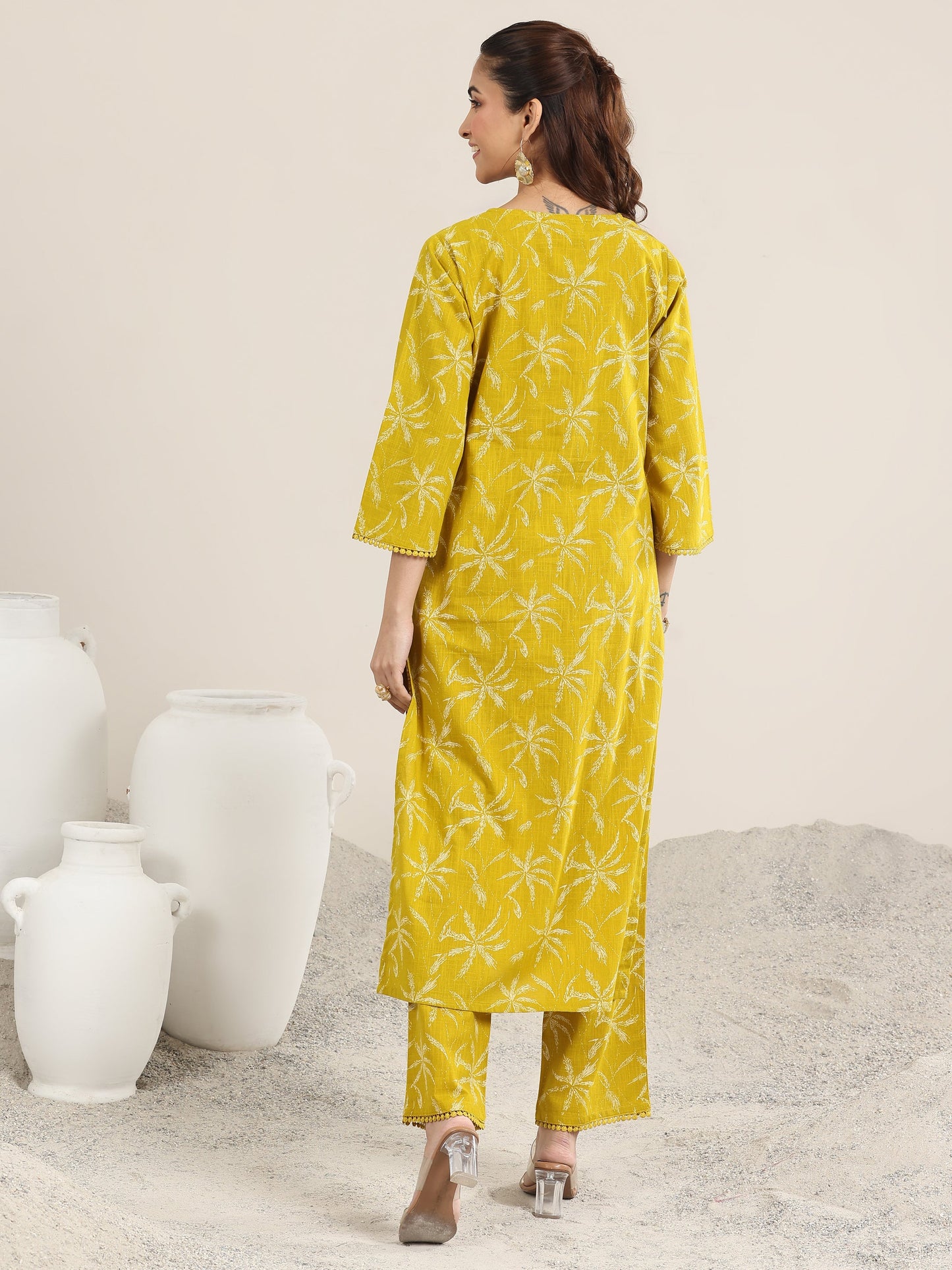 Yellow Printed Cotton Straight Kurta Set