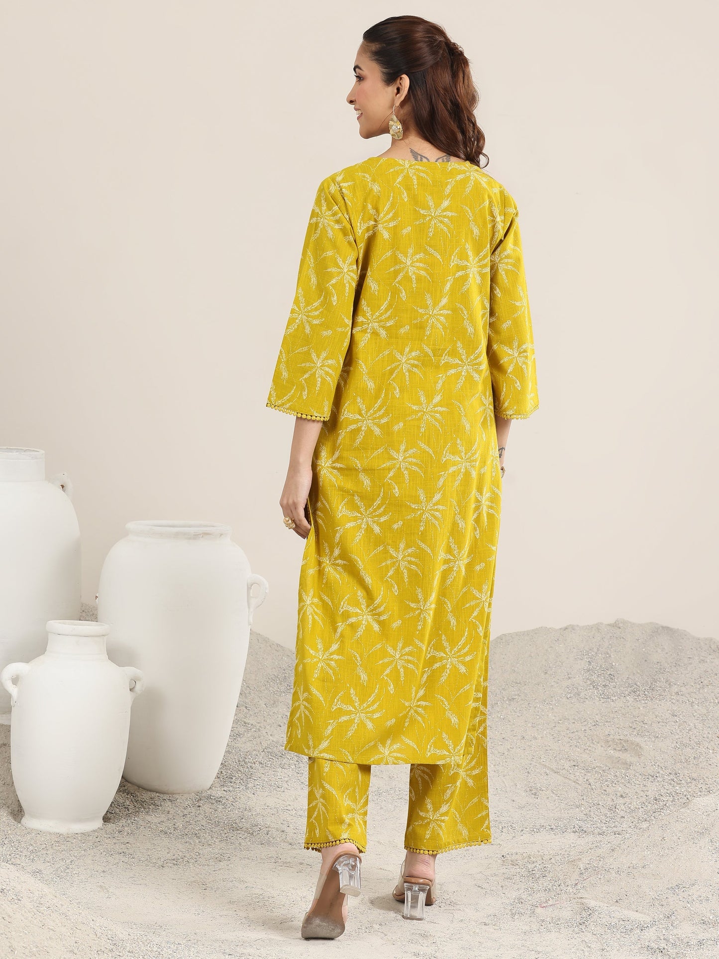 Yellow Printed Cotton Straight Kurta Set