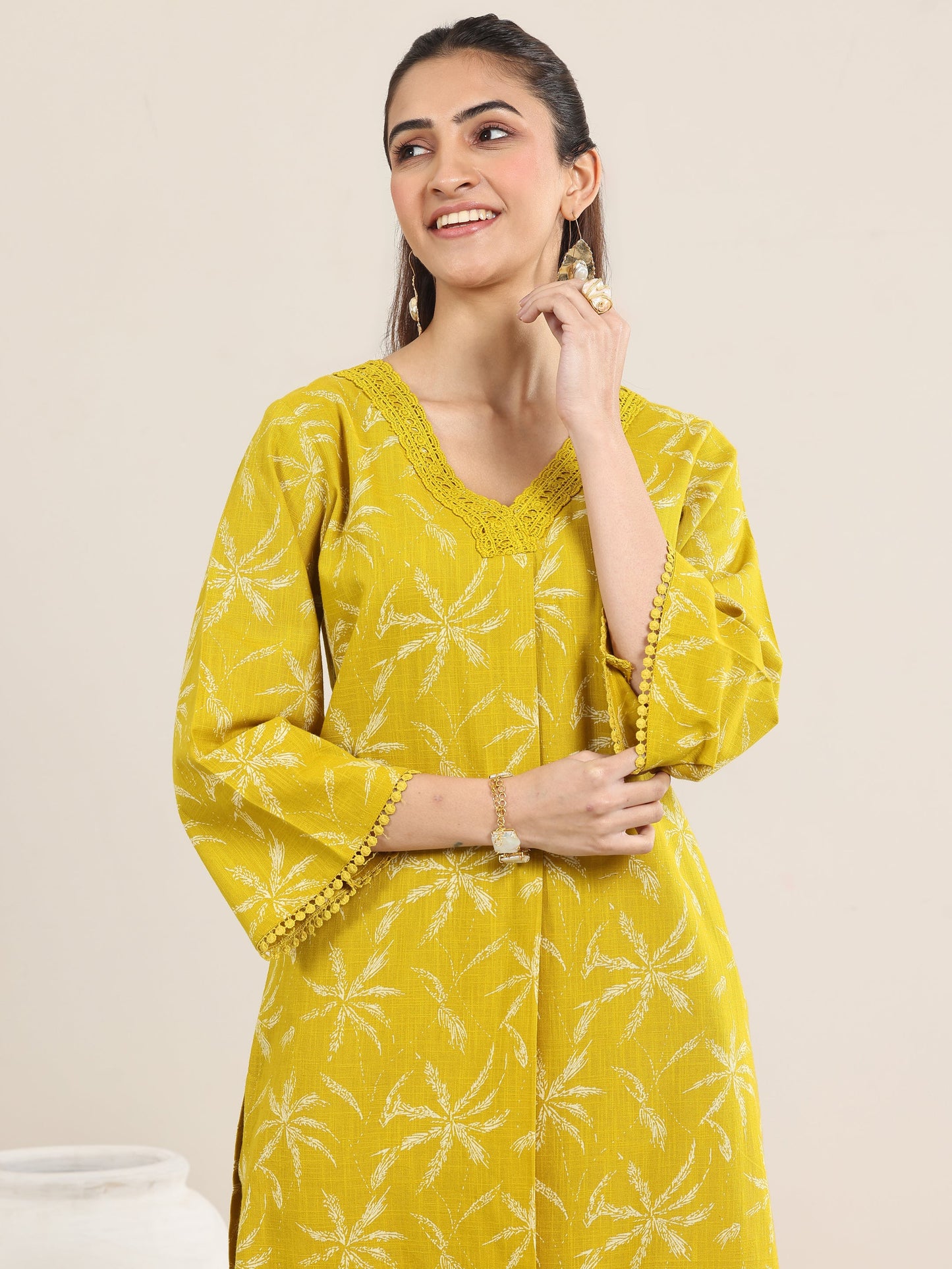 Yellow Printed Cotton Straight Kurta Set