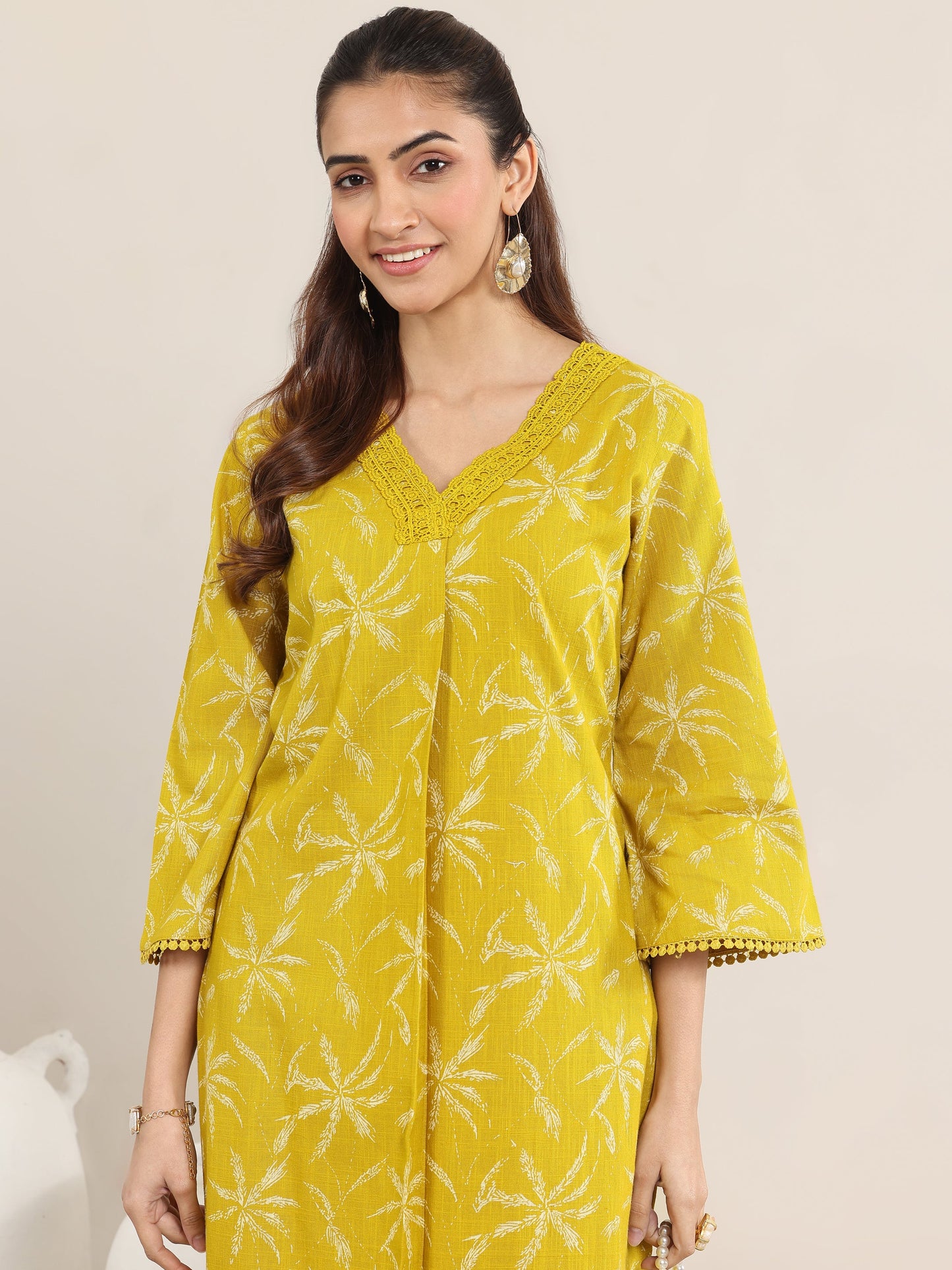 Yellow Printed Cotton Straight Kurta Set