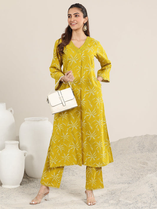 Yellow Printed Cotton Straight Kurta Set