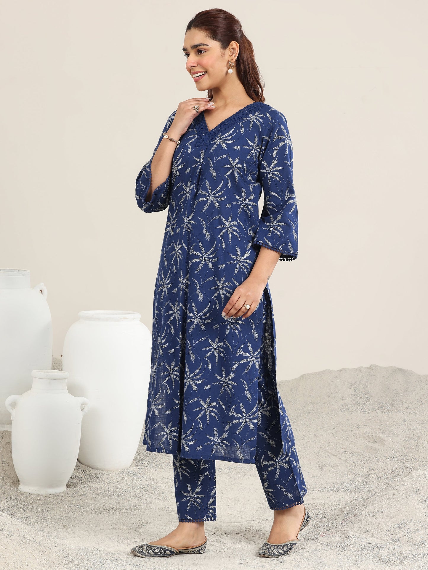 Blue Printed Cotton Straight Kurta Set