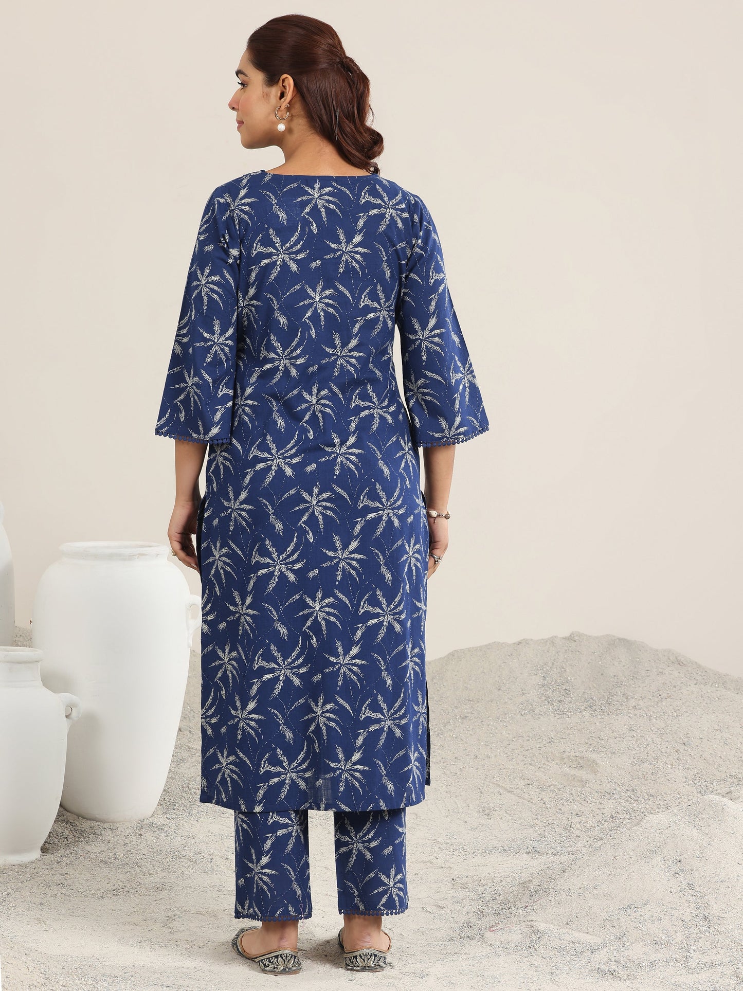 Blue Printed Cotton Straight Kurta Set