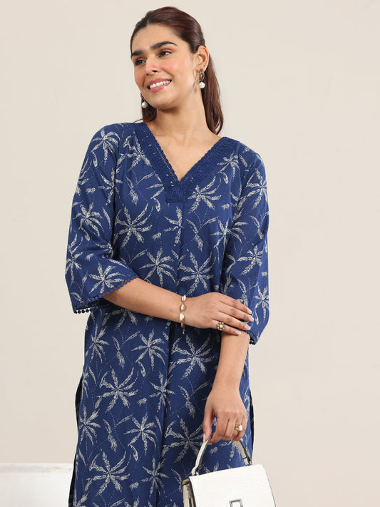 Blue Printed Cotton Straight Kurta Set