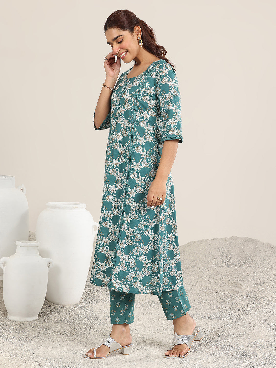 Teal Printed Cotton A-Line Kurta Set