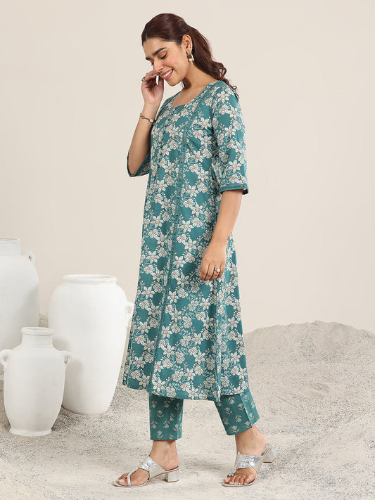 Teal Printed Cotton A-Line Kurta Set
