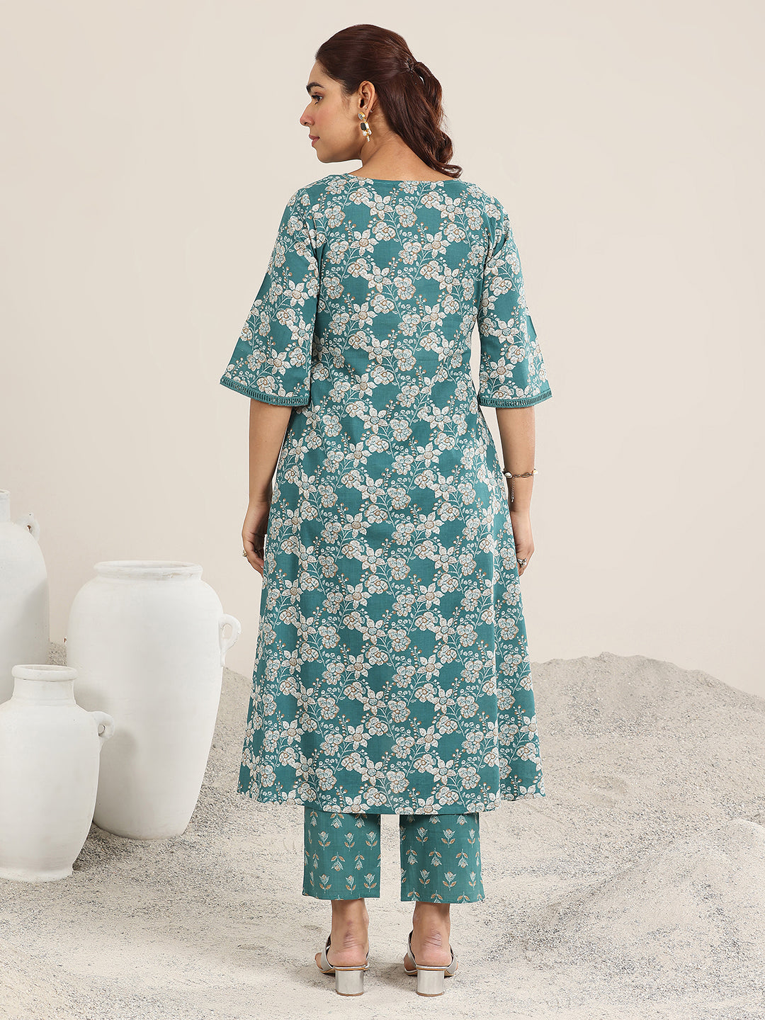 Teal Printed Cotton A-Line Kurta Set