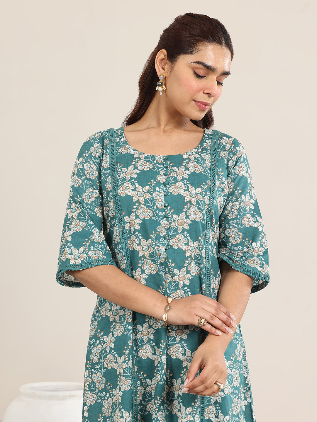 Teal Printed Cotton A-Line Kurta Set