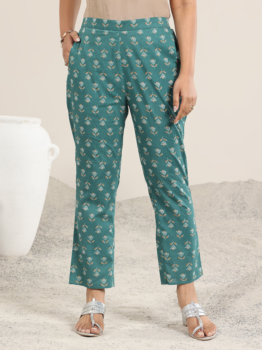 Teal Printed Cotton A-Line Kurta Set