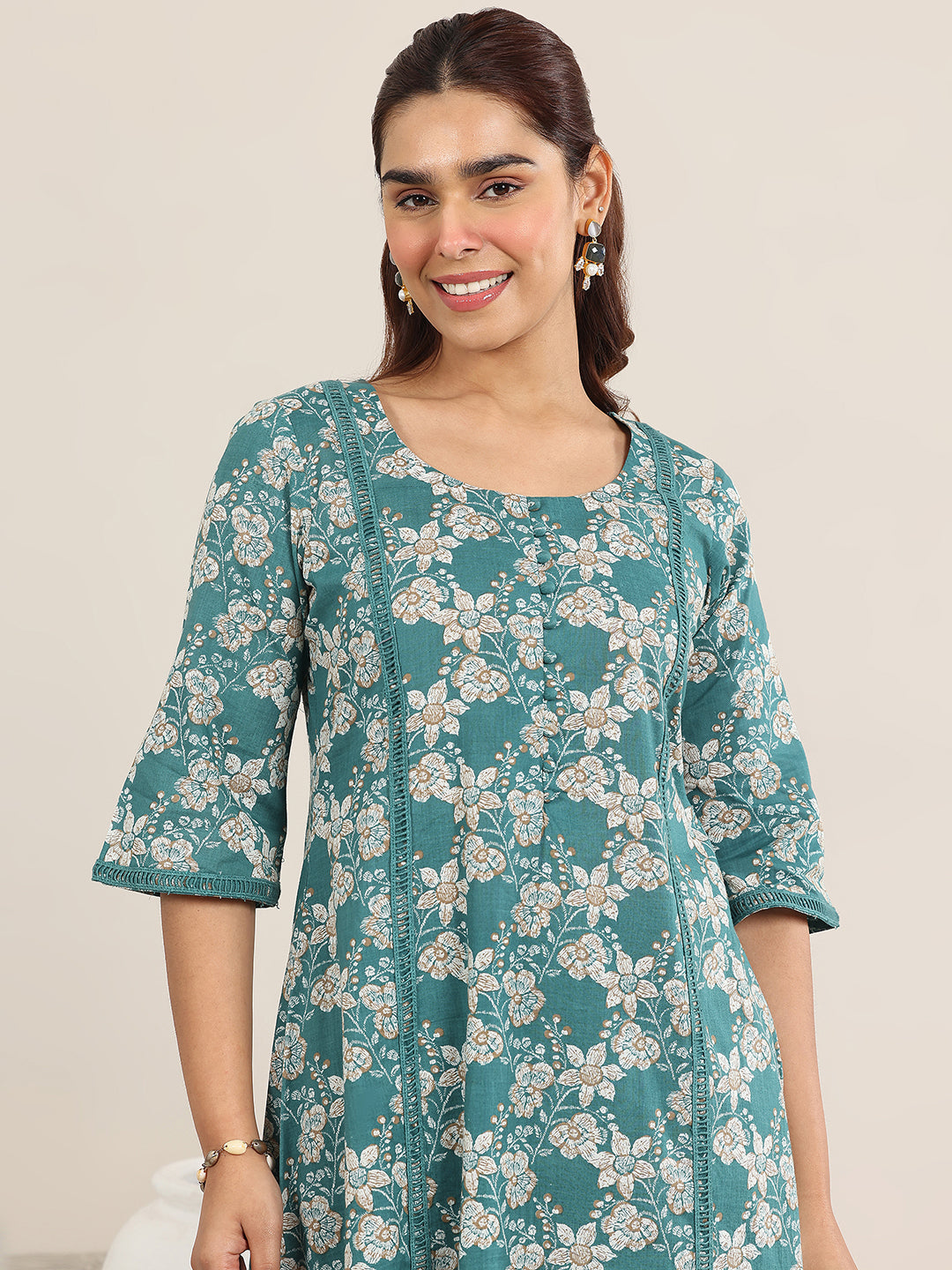 Teal Printed Cotton A-Line Kurta Set