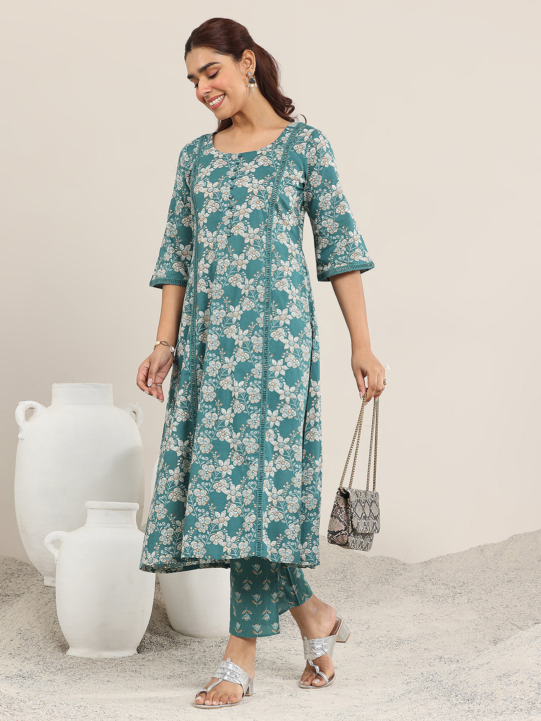 Teal Printed Cotton A-Line Kurta Set