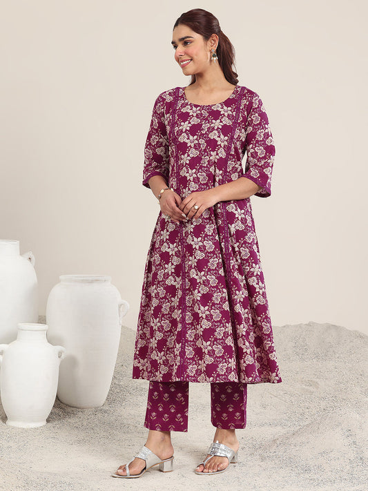 Maroon Printed Cotton A-Line Kurta Set