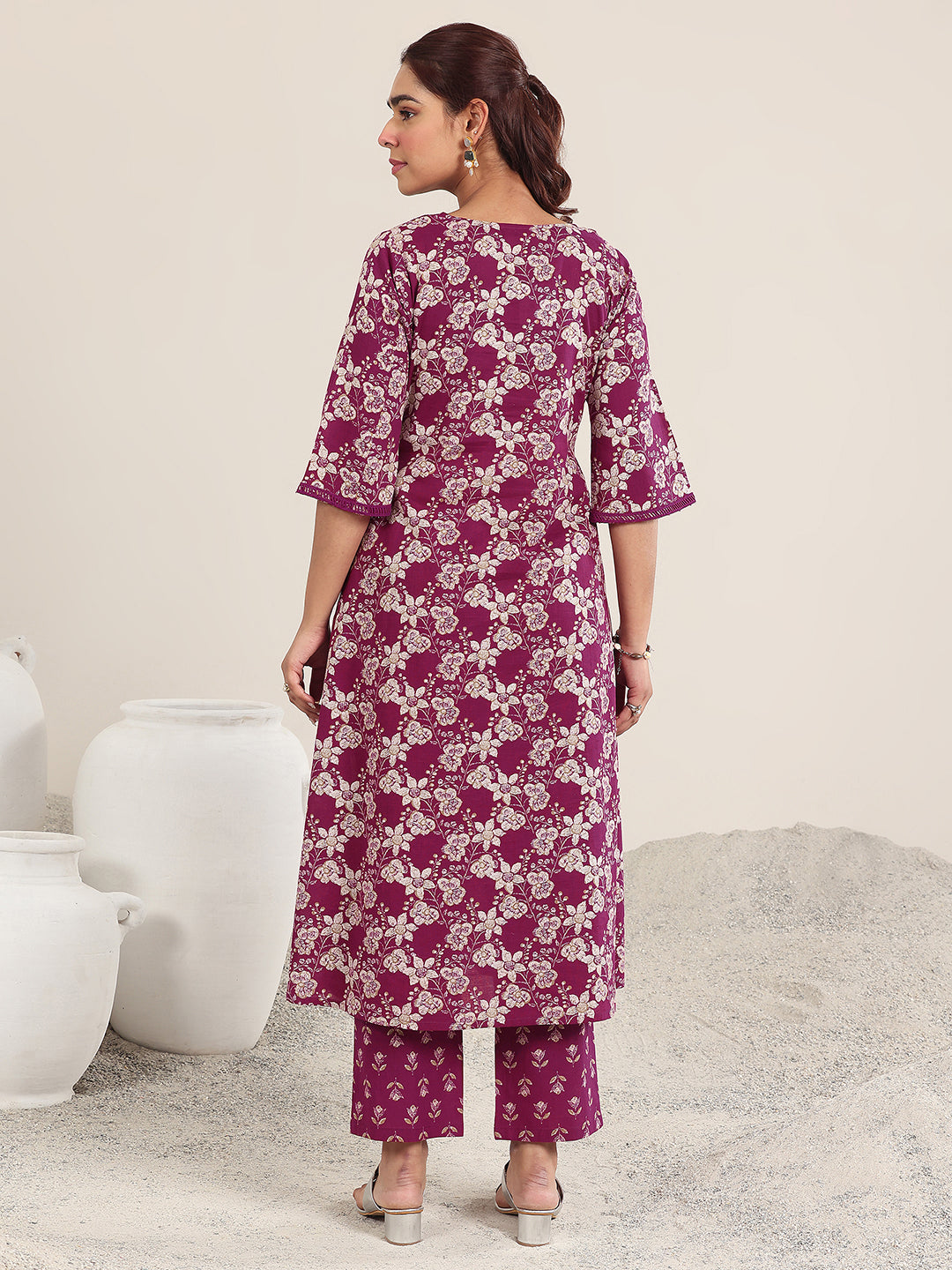 Maroon Printed Cotton A-Line Kurta Set