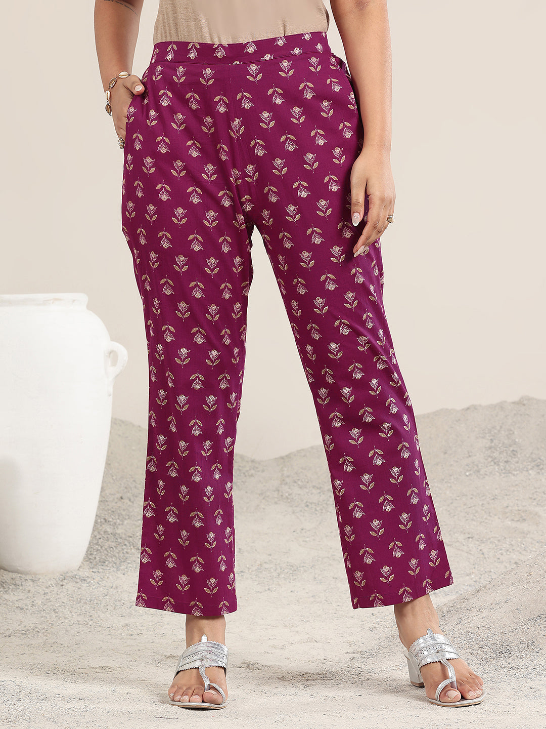 Maroon Printed Cotton A-Line Kurta Set