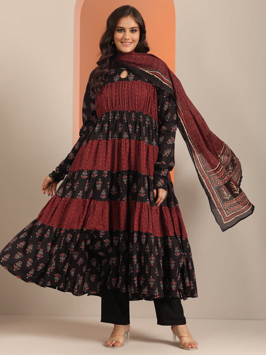 Black Printed Cotton Anarkali Suit Set With Dupatta
