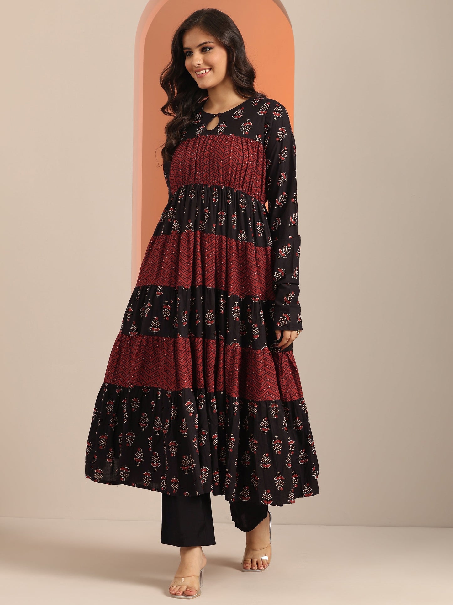 Black Printed Cotton Anarkali Suit Set With Dupatta