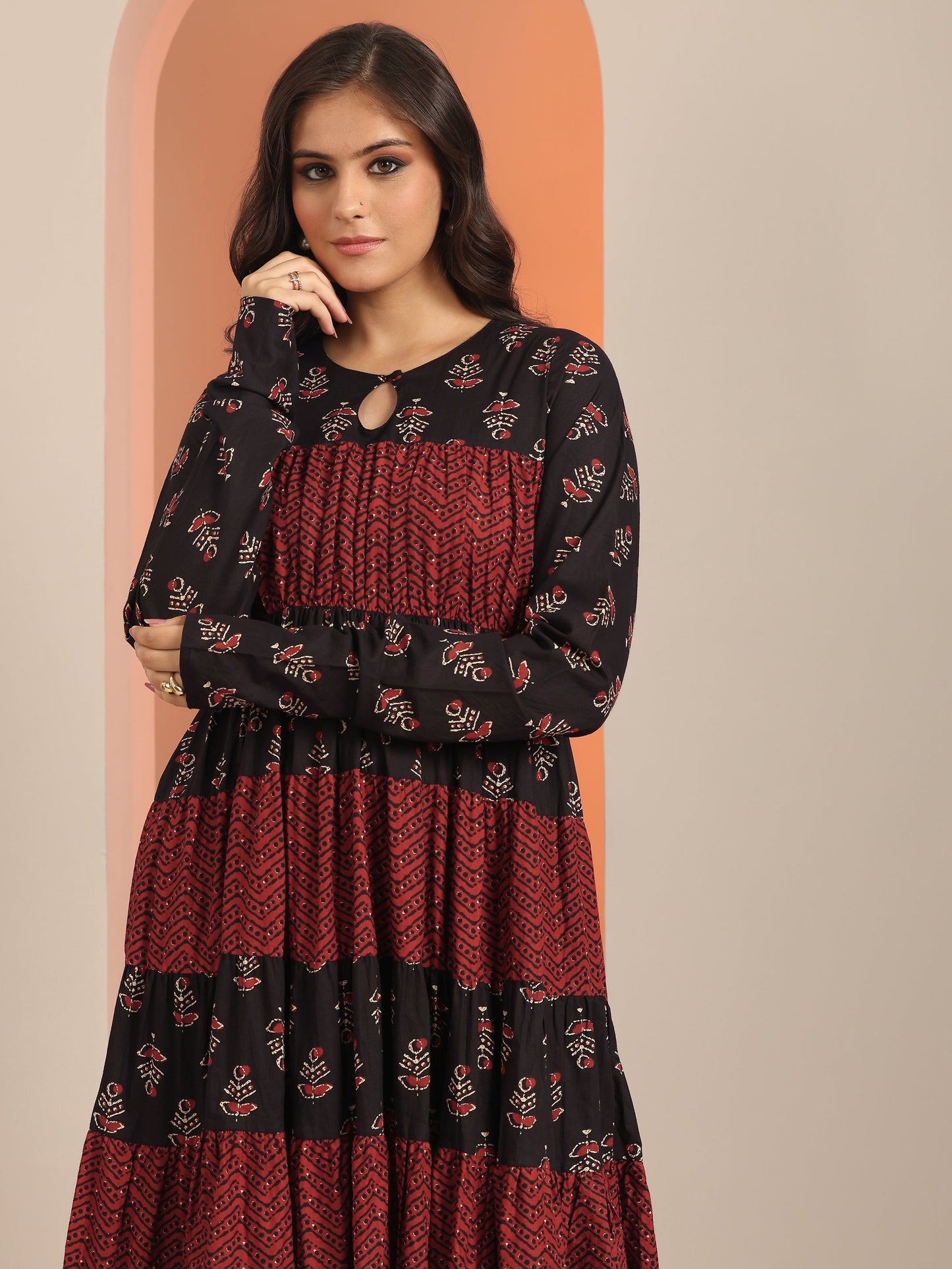 Black Printed Cotton Anarkali Suit Set With Dupatta