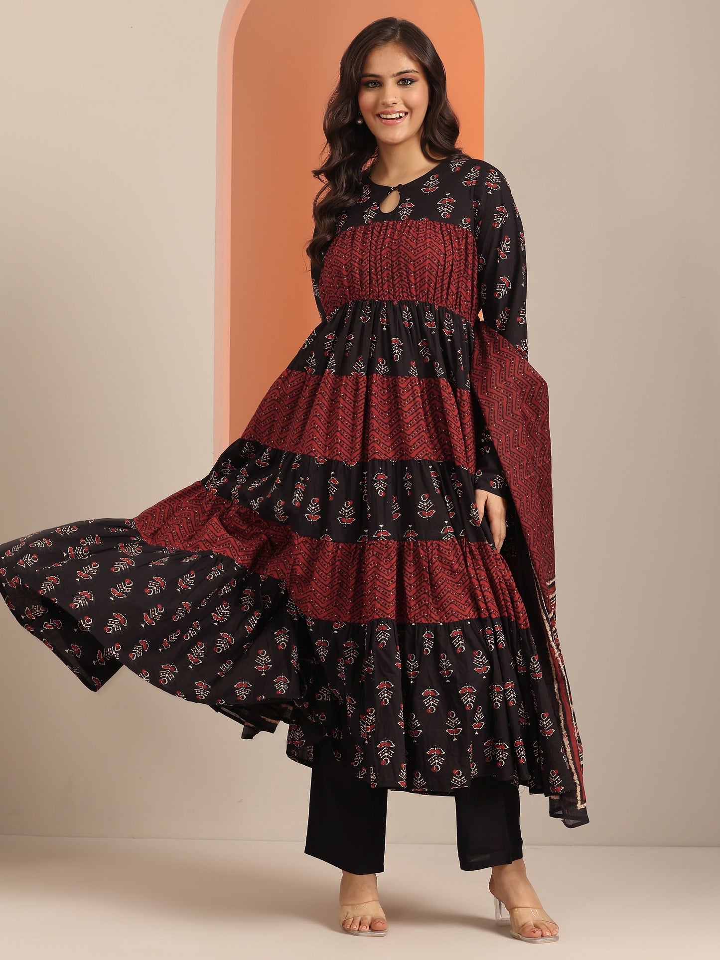 Black Printed Cotton Anarkali Suit Set With Dupatta