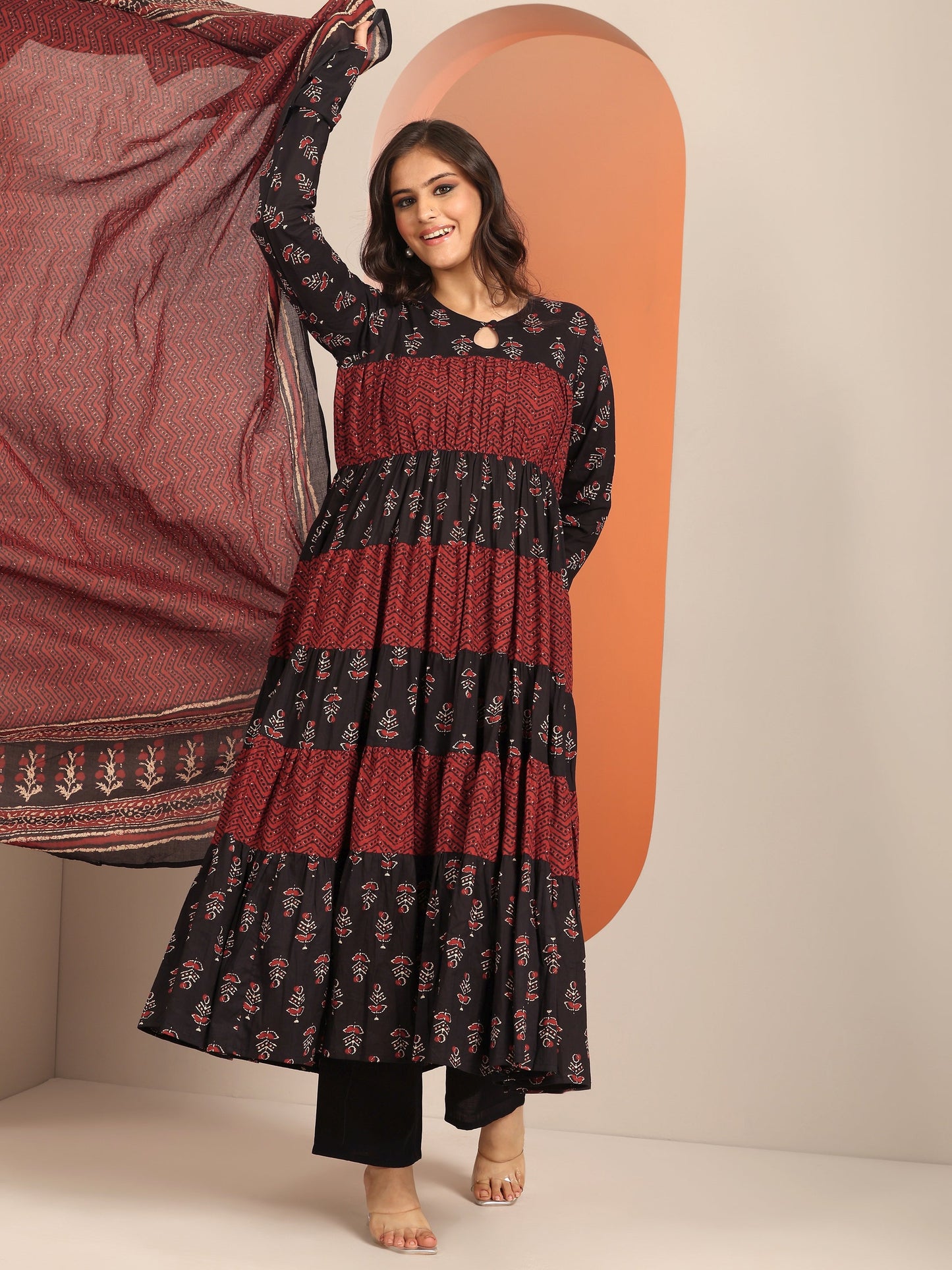 Black Printed Cotton Anarkali Suit Set With Dupatta