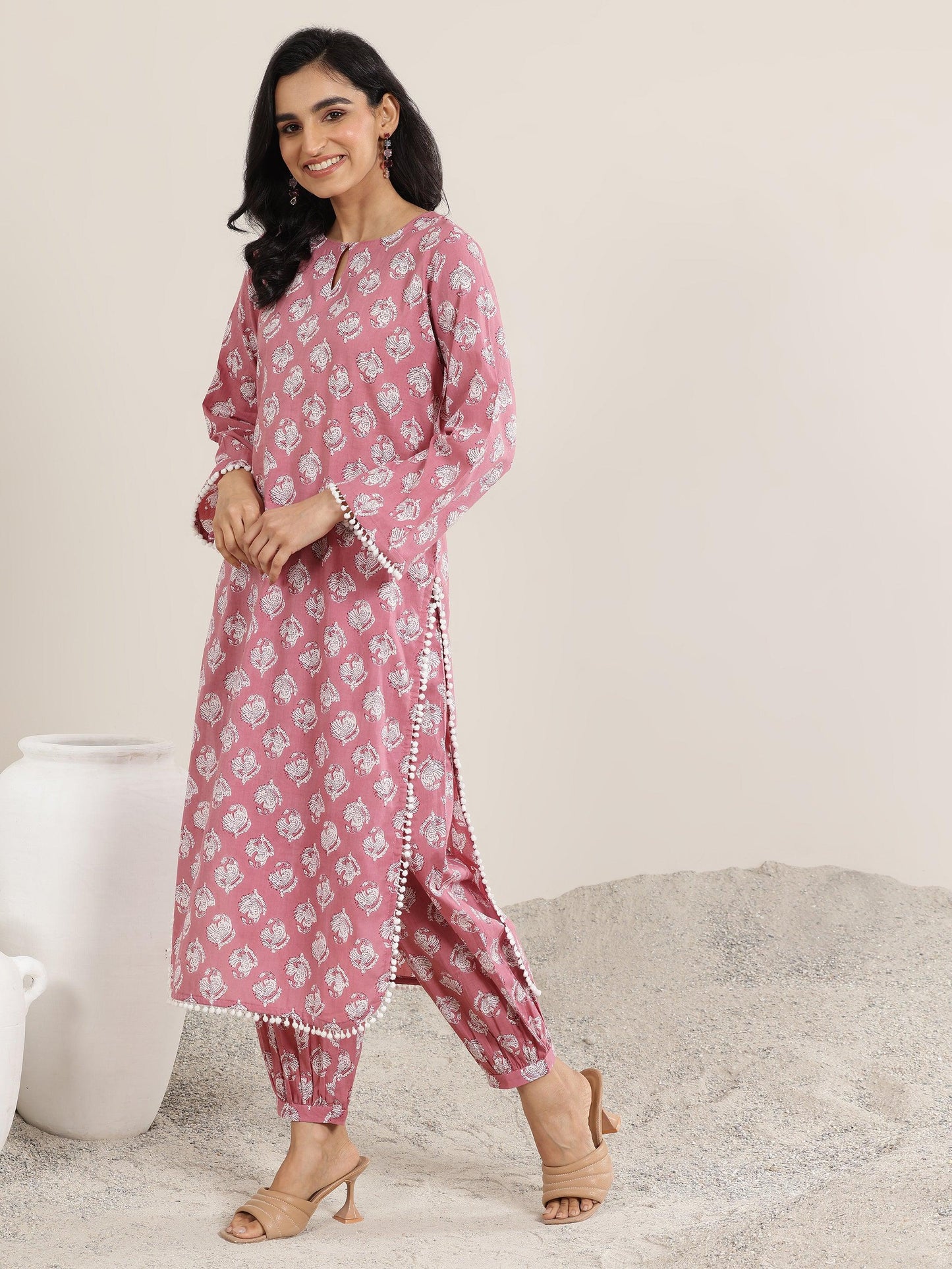 Peach Printed Cotton Straight Kurta Set
